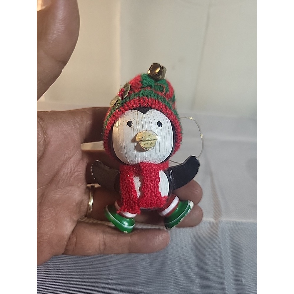 Vtg Hand-Carved Wooden Penguin Ornament